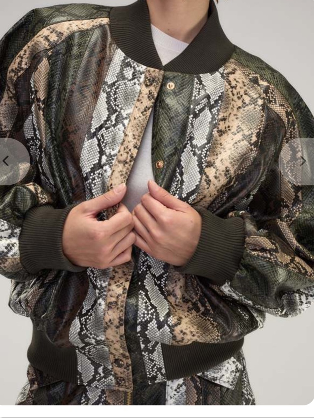 Snake Vegan leather Print Bomber Jacket in Olive, Tan & Black